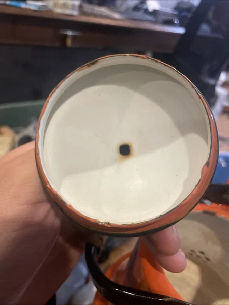 VTG Retro Asahi Japan Orange Enamelware Tea Pot Kettle Rattan Wrap Handle