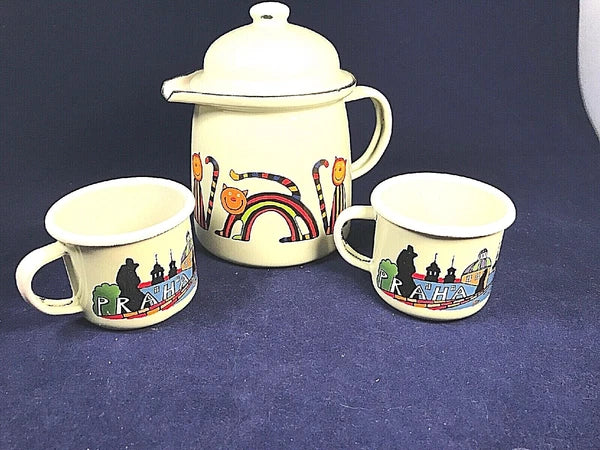 Checklasavakian? Prague Children’s Or Small Enamel Teapot 2 Cups Cats Rainbows