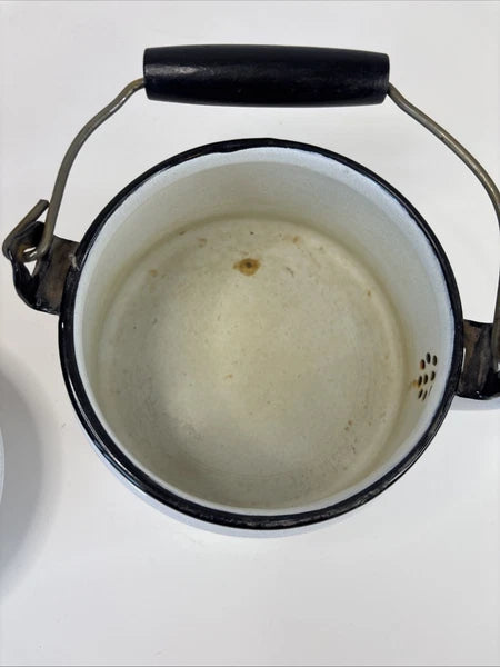 VTG White ENAMEL TEA KETTLE Colorful Fruit Bowl Decoration Wire & Wood Handle