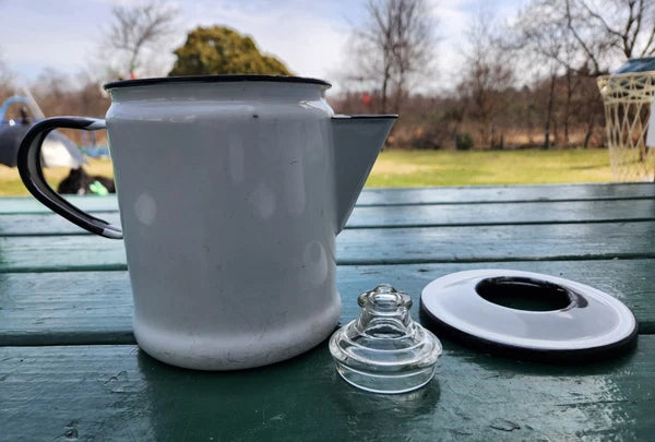 Vintage White Enamelware Kettle, Coffee Pot w/Glass Top w/lids & Flowery Bowl