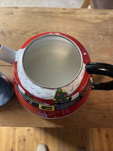 ROSCHO Jolly Santa Claus Enamel Whistling Tea Pot Kettle Holiday 3 Qt Christmas