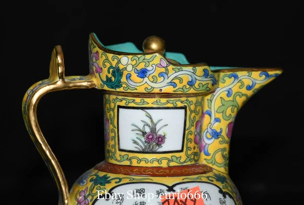 Qianlong Colour Enamel Porcelain Gold Plum Flower Bird Words Pattern Kettle Pot