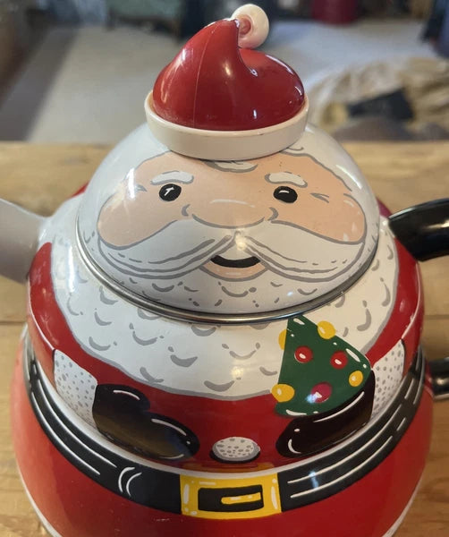 ROSCHO Jolly Santa Claus Enamel Whistling Tea Pot Kettle Holiday 3 Qt Christmas