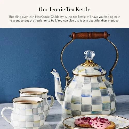 Enamel Tea Kettle, Stylish Tea Kettle for Stovetop, Grey-and-White Sterling Chec