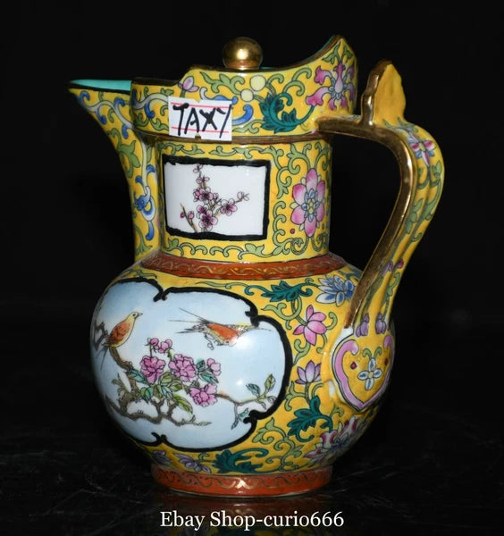 Qianlong Colour Enamel Porcelain Gold Plum Flower Bird Words Pattern Kettle Pot
