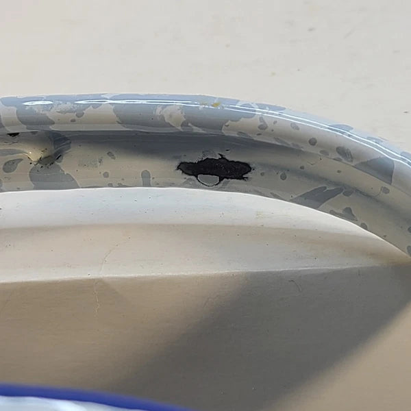 Blue & White Enamel Spatterware Swirl "Country Kitchen" Tea Kettle 7" Dia 8" T