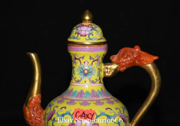 7'' Qianlong Colour Enamel Porcelain Gold Flower Dragon Loong Beast Kettle Pot