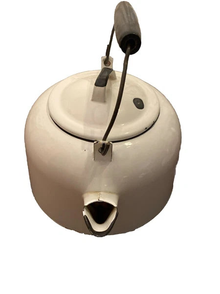 Vintage Enamelware White Tea Pot Kettle/Planter With Wood Handle