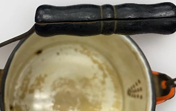 Vintage 1940s Orange Enamel Tea Kettle with wood handle Matching Lid 7”