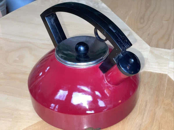 Vintage COPCO Red Enamel Teapot Tea Kettle Whistling MCM Mid Century Thailand