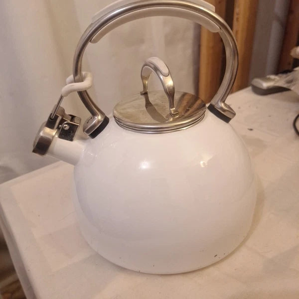 Kitchen Aid Enamel Whistling Tea Kettle Teapot White Chrome Trim 2Qt White Handl