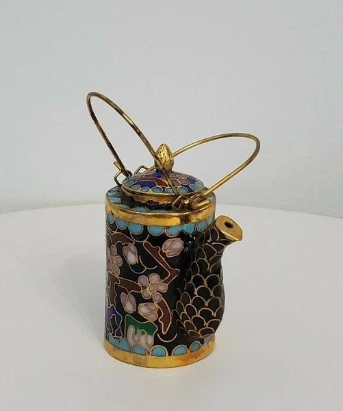 VTG CHINESE CLOISONNE BRASS AND ENAMEL BLACK MINIATURE TEAPOT
