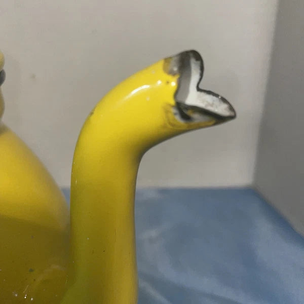Vintage Yellow MCM Enamel Teapot Kettle W/Handle Top Glass Knob Missing See Pics