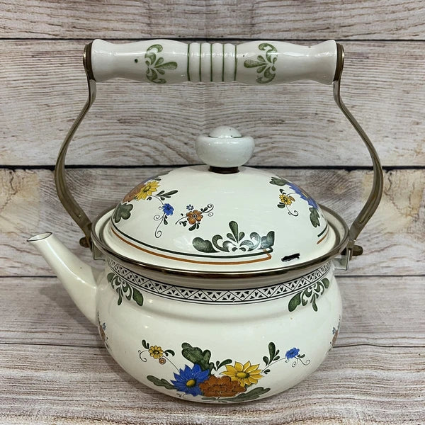 Vtg Enamelware Cookware Pans Tea Kettle 7-piece Set Mid Century European Design
