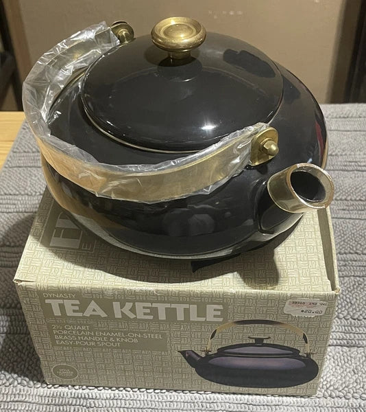 Vintage Eppicure Essentials Black Enamel Tea Kettle Brass Handle  Modern MCM New
