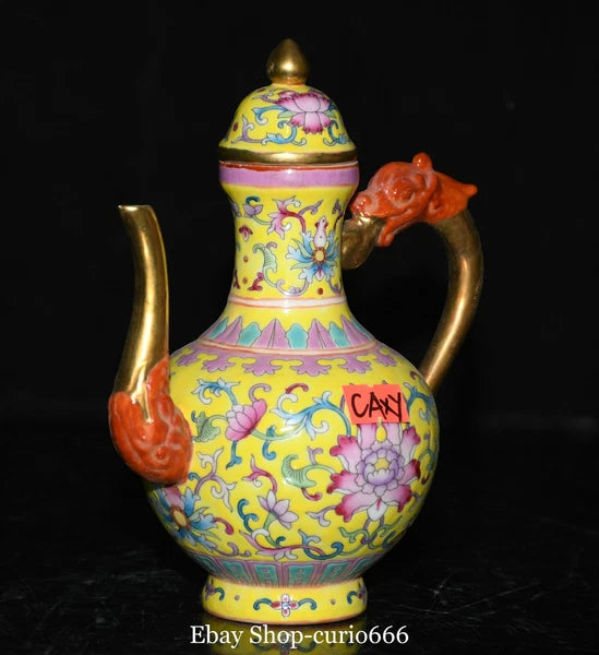 7'' Qianlong Colour Enamel Porcelain Gold Flower Dragon Loong Beast Kettle Pot