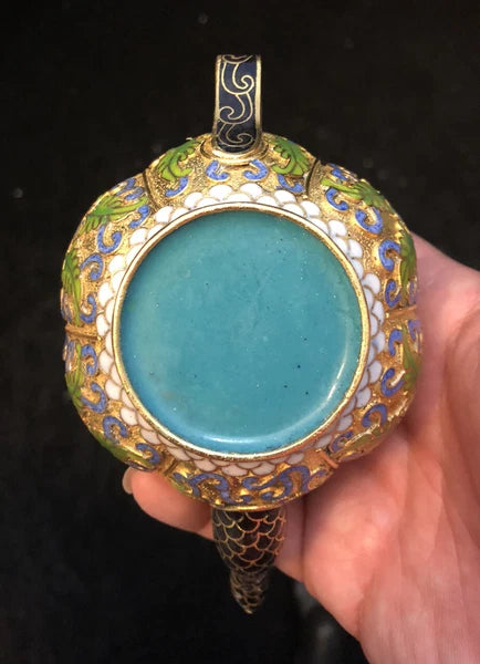 Vintage Cloisonne Enamel and Bronze Floral "Pumpkin" Teapot, Black Tip White Top