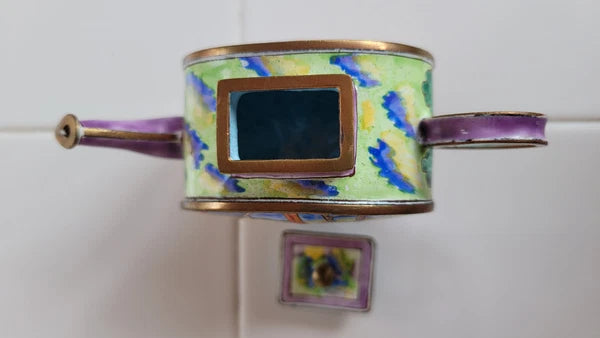 Miniature Brass & Enamel Decorative Tea Pot/Kettle, Women Relaxing Woman