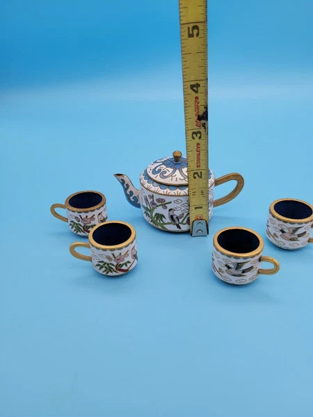 Vintage Chinese Brass Cloisonne/Enamel Miniature Teapot & Cups Flowers Bird Tree