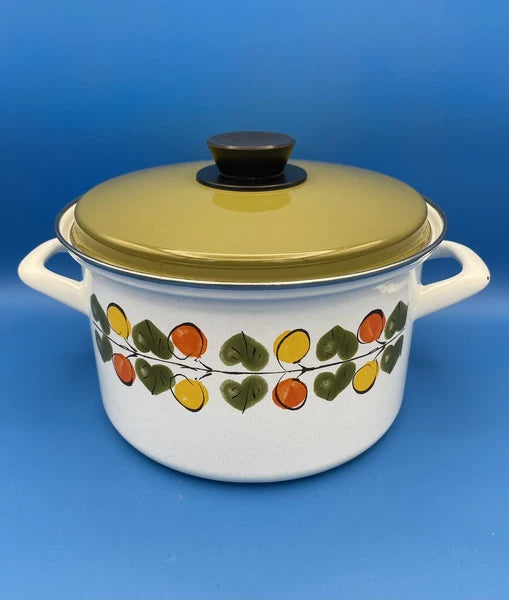 Vintage Enamel Large 9" Pot and Lid Lemon Orange Leaves Austria Email MCM