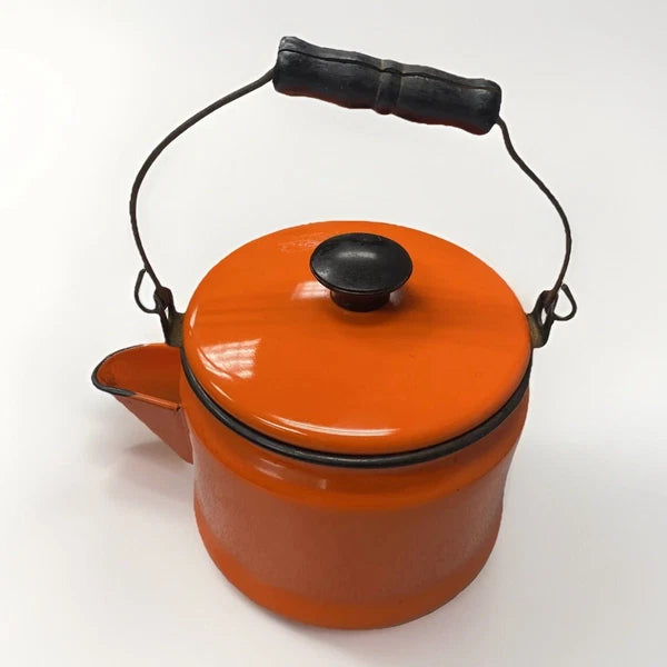 Vintage 1940s Orange Enamel Tea Kettle with wood handle Matching Lid 7”