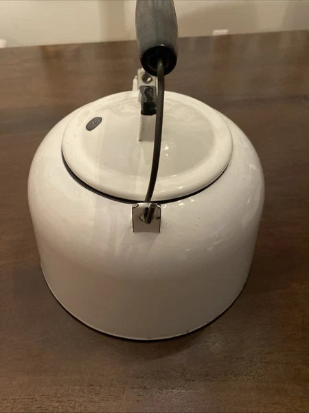 Vintage Enamelware White Tea Pot Kettle/Planter With Wood Handle