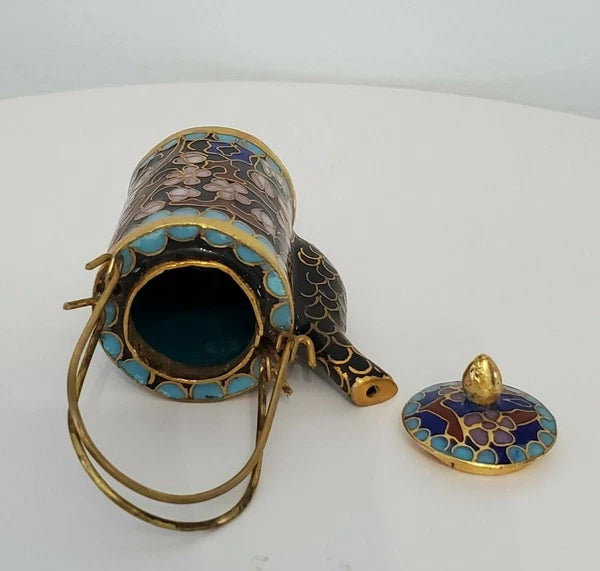 VTG CHINESE CLOISONNE BRASS AND ENAMEL BLACK MINIATURE TEAPOT