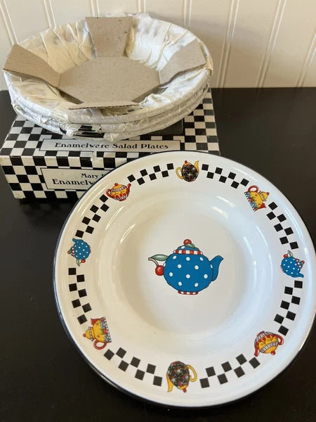Vintage NIB Mary Engelbreit Enamelware Salad Plates Teapot Design Set Of 4