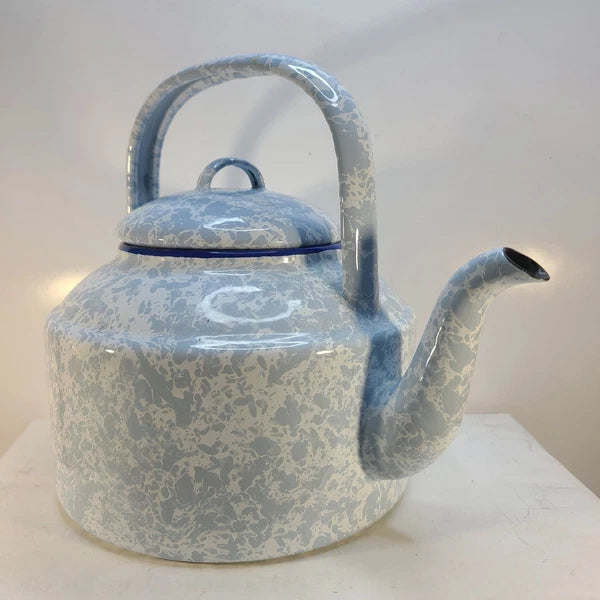 Blue & White Enamel Spatterware Swirl "Country Kitchen" Tea Kettle 7" Dia 8" T