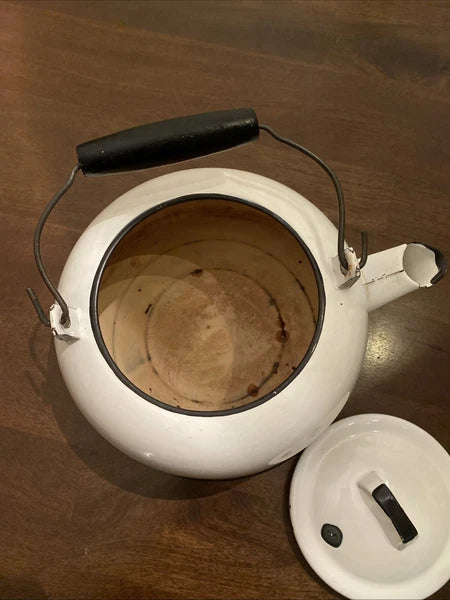 Vintage Enamelware White Tea Pot Kettle/Planter With Wood Handle