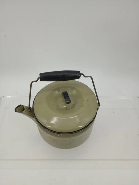 Vtg Avocado Green Enamelware Teapot Wire Bale Wood Handle  Farmhouse Primitive
