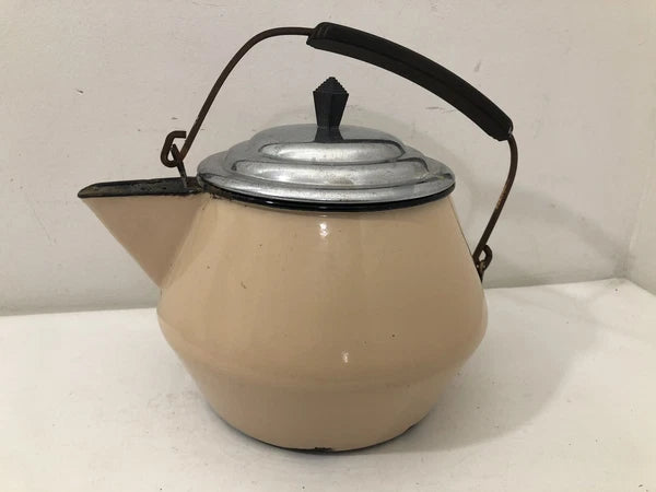Kettle Tea Pot Vintage Enamel Farm Sloped Handle MCM for Decor Only Tan