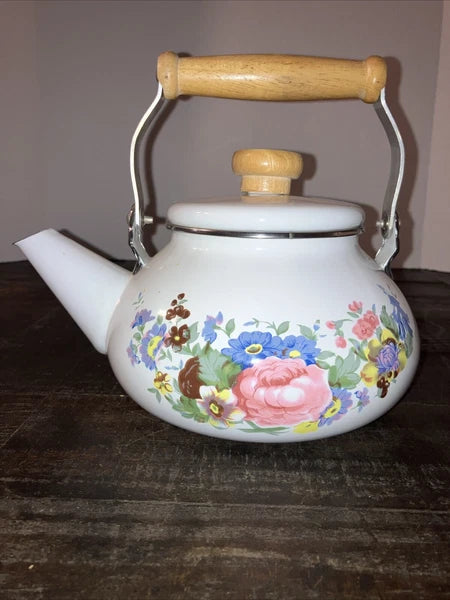 Vintage Enamel Metal Floral Teapot Kettle w/Wooden Knob & Handle
