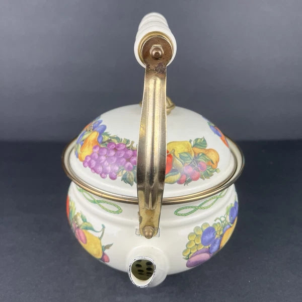 Vintage Lincoware Enamel Tea Kettle CORNUCOPIA Fruit Farmhouse Kitchen