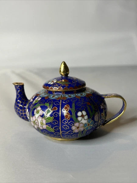 Vintage Cloisonne Blue Floral Enamel on Metal Miniature Teapot