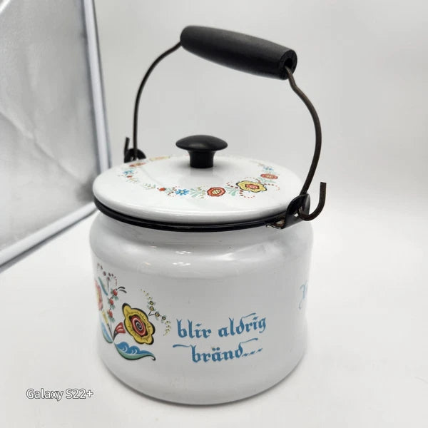 Swedish Scandinavian Tea pot Berggren Enamelware Rosemaling Folk Art Vintage