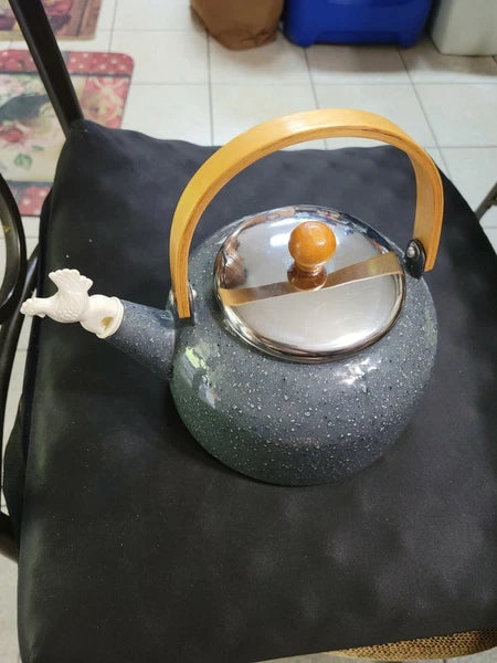 Gray Enamel Metal Teapot Tea Kettle Wood Handle Rooster Whistler