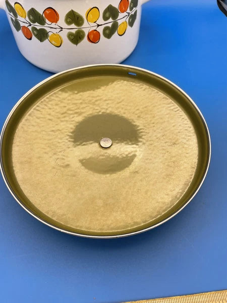 Vintage Enamel Large 9" Pot and Lid Lemon Orange Leaves Austria Email MCM