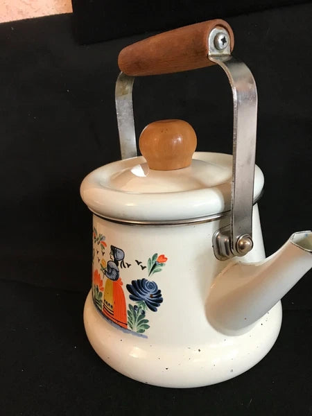 Unusual Quimper Enamel Tea Kettle,Tea Pot  French Peasants, Wood & Metal Handle