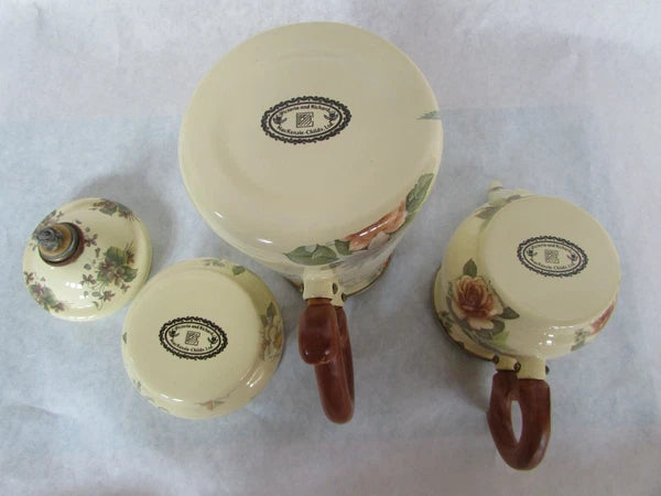 MacKenzie Childs Stacked Camp Yellow Roses Enamel Teapot Cream & Sugar 1995
