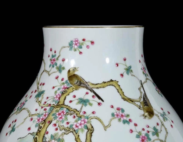 24CM Qianlong Signed Old Chinese Colour Enamel Vase W/bird N3729
