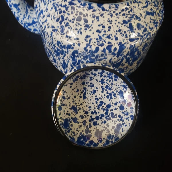 Vintage Enameled Ware Blue White Splatter Tea Kettle