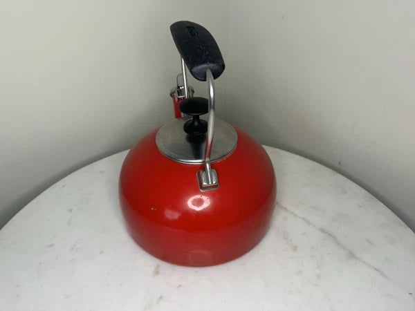 Chantal Whistling Tea Kettle Pot Red Enamel Steel Brushed Stainless Lid 2 Qt