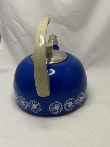 Retro 60s / 70s Blue Enamel Circle Star pattern tea kettle Stains Inside