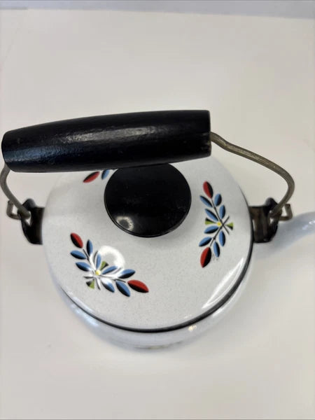 VTG White ENAMEL TEA KETTLE Colorful Fruit Bowl Decoration Wire & Wood Handle