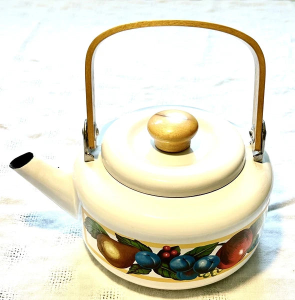 Vintage 1980’a Fruit &Berries 1 Quart Tea Kettle Enamel Wear Stovetop Teakettle