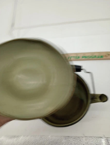 Vtg Avocado Green Enamelware Teapot Wire Bale Wood Handle  Farmhouse Primitive