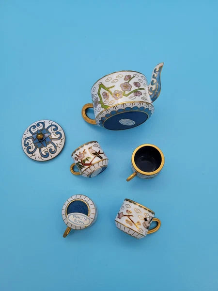 Vintage Chinese Brass Cloisonne/Enamel Miniature Teapot & Cups Flowers Bird Tree