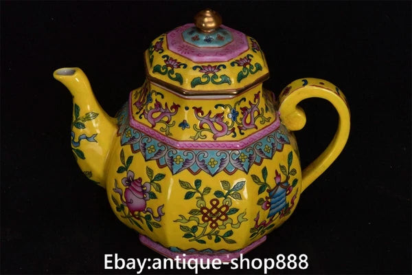 China Yellow Glaze Colour Enamel Porcelain Gilt 8 Auspicious Symbol Kettle Pot