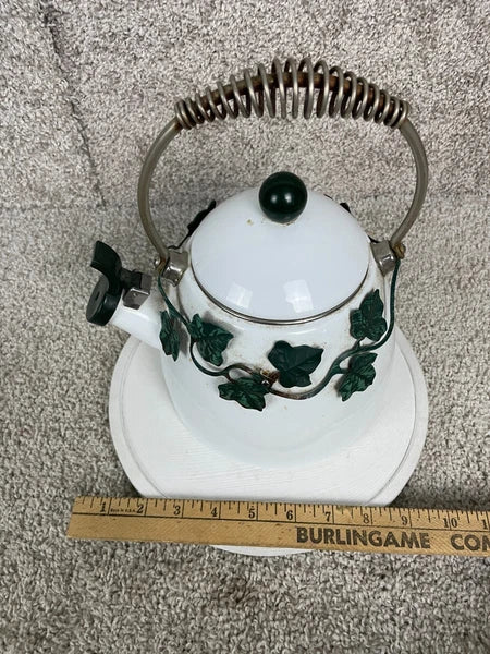 Via Ancona English Garden Enamel 10" Whistling Tea Kettle Green Ivy White